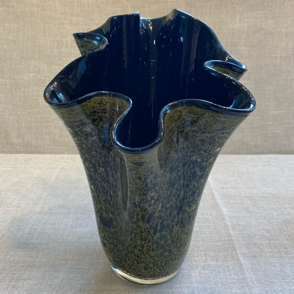 Vintage black and olive art glass vase with handkerchief rim.